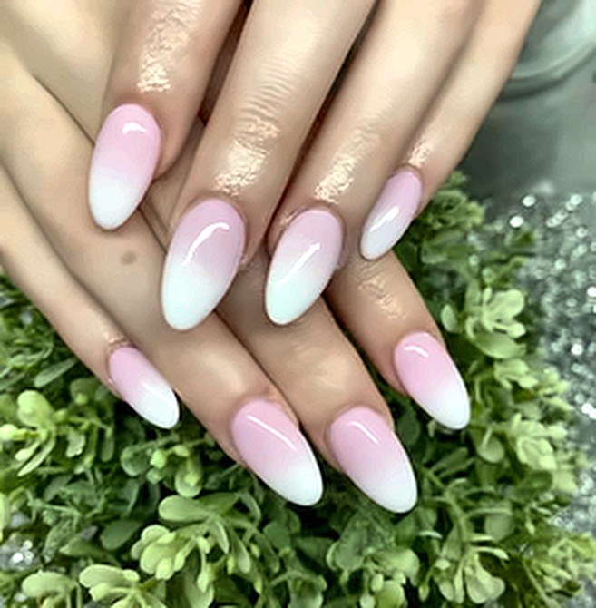 Pink-to-white ombre almond nails