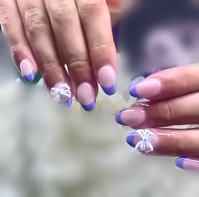 Lilac French tips with tiny white bows